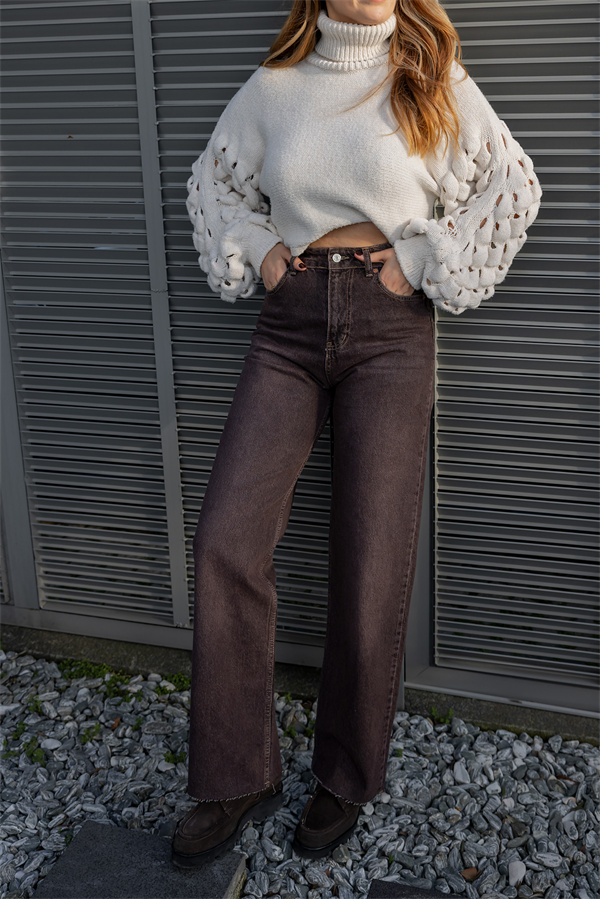 Geniş Paçalı Denim Pantolon - KAHVERENGİ
