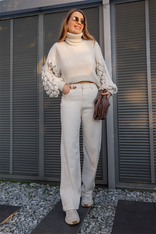 Geniş Paçalı Denim Pantolon - KREM