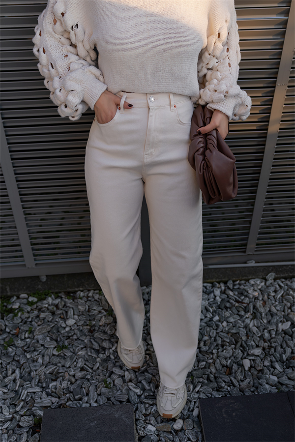 Geniş Paçalı Denim Pantolon - KREM