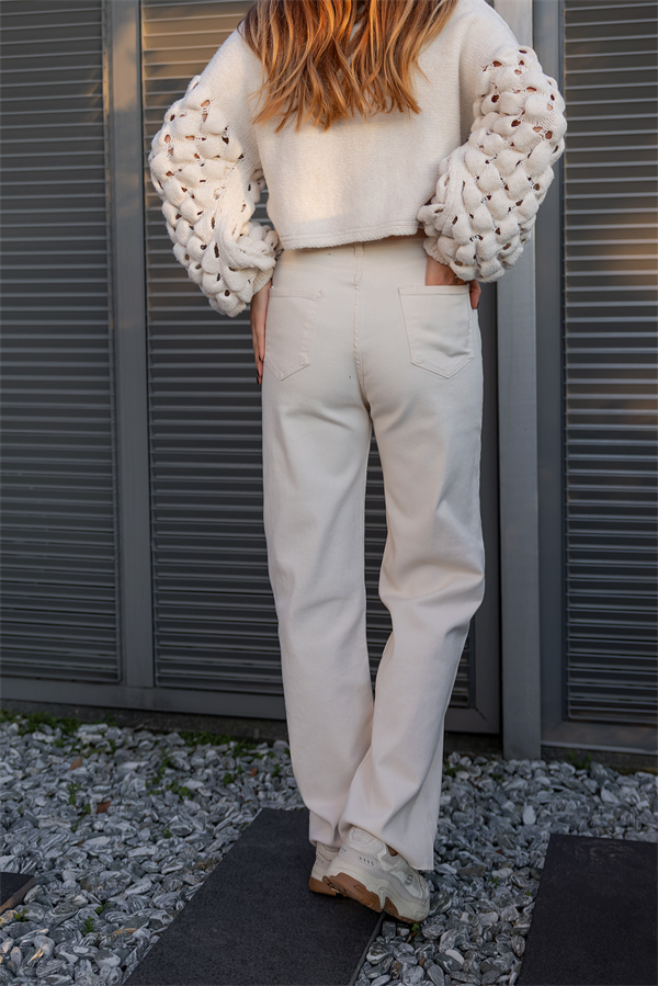 Geniş Paçalı Denim Pantolon - KREM