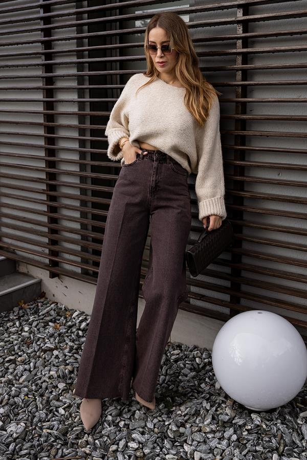 Geniş Paçalı Jean Pantolon - KAHVERENGİ