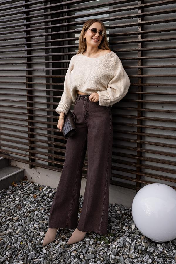 Geniş Paçalı Jean Pantolon - KAHVERENGİ