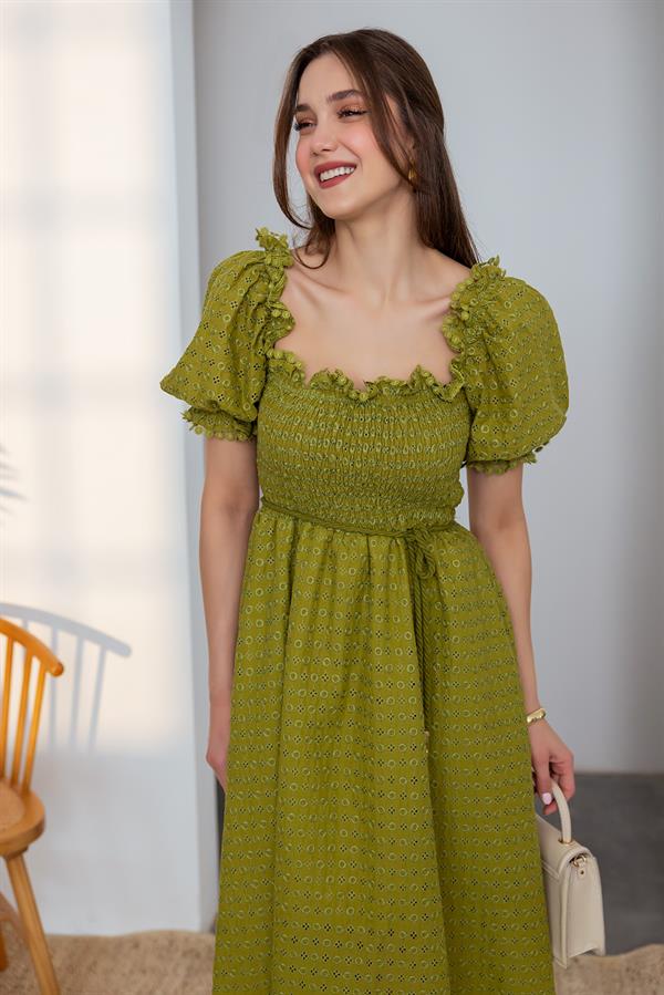 Gipeli Brode Elbise - YAĞ YEŞİLİ