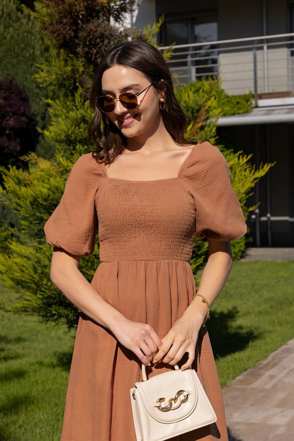 Gipeli Müslin Elbise - KAHVERENGİ