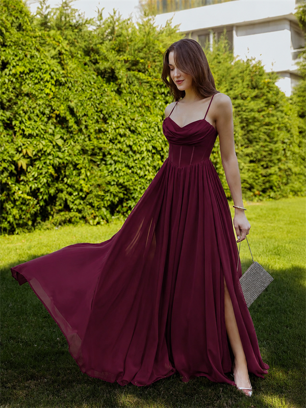 Göğüs Balenli Şifon Abiye - BORDO