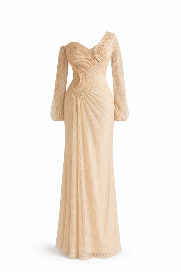 Göğüs Detaylı Dantel Abiye - KREM