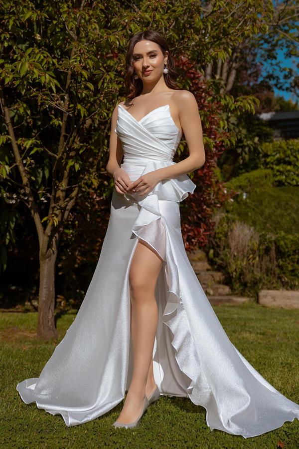 Göğüs Drapeli Uzun Abiye - BEYAZ