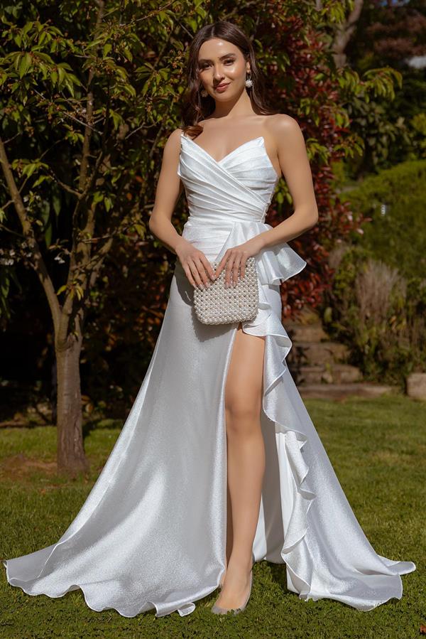 Göğüs Drapeli Uzun Abiye - BEYAZ