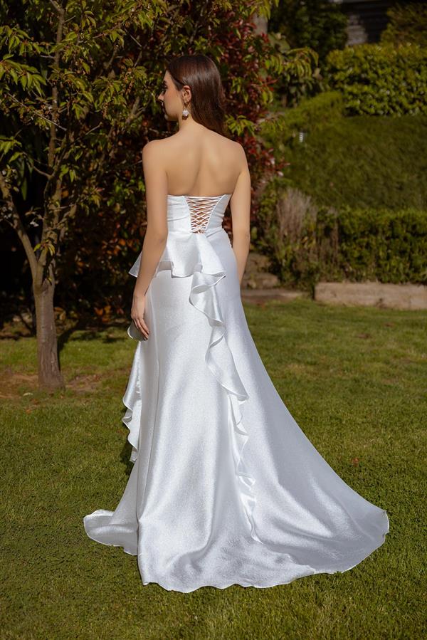 Göğüs Drapeli Uzun Abiye - BEYAZ