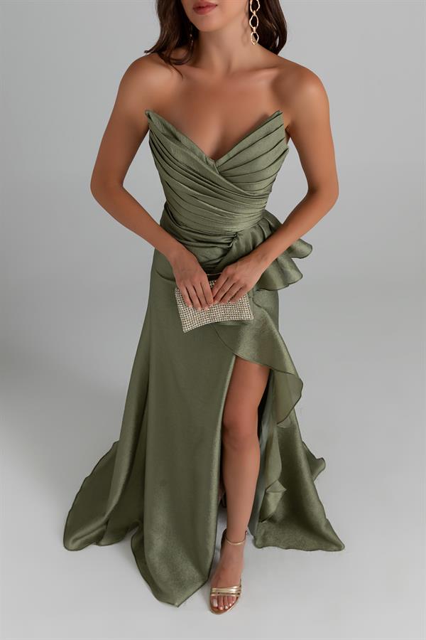Draped Chest Long Gown - Khaki