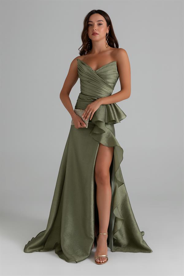 Draped Chest Long Gown - Khaki