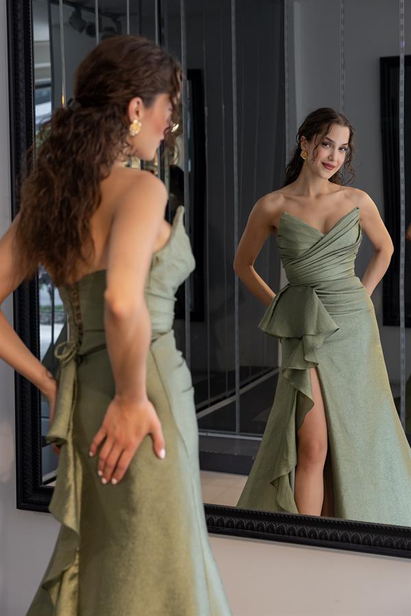Draped Chest Long Gown - Khaki