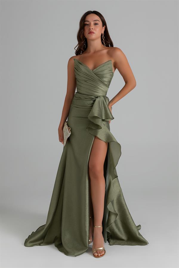 Draped Chest Long Gown - Khaki