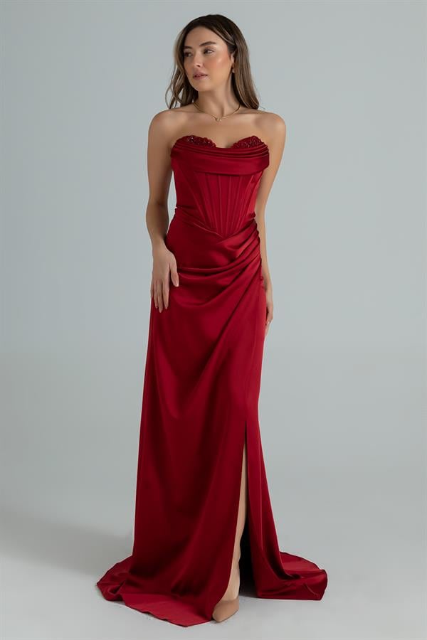 Göğüs İşlemeli Balenli Abiye - BORDO