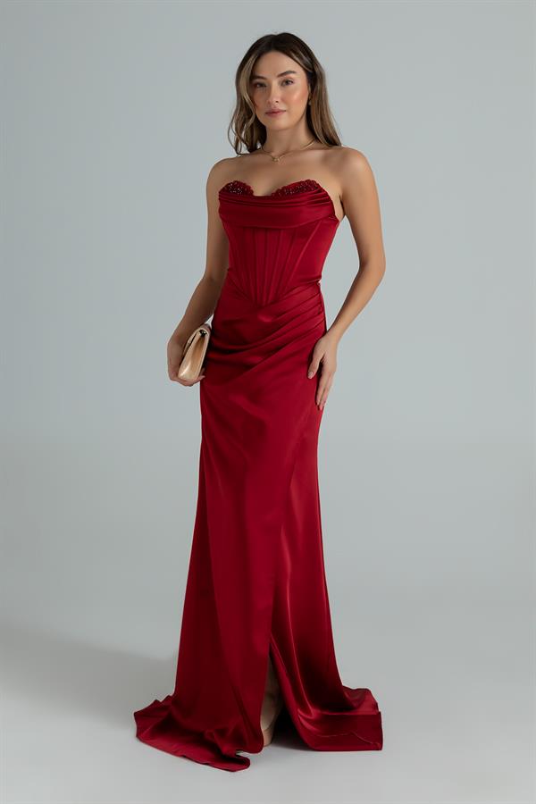 Göğüs İşlemeli Balenli Abiye - BORDO