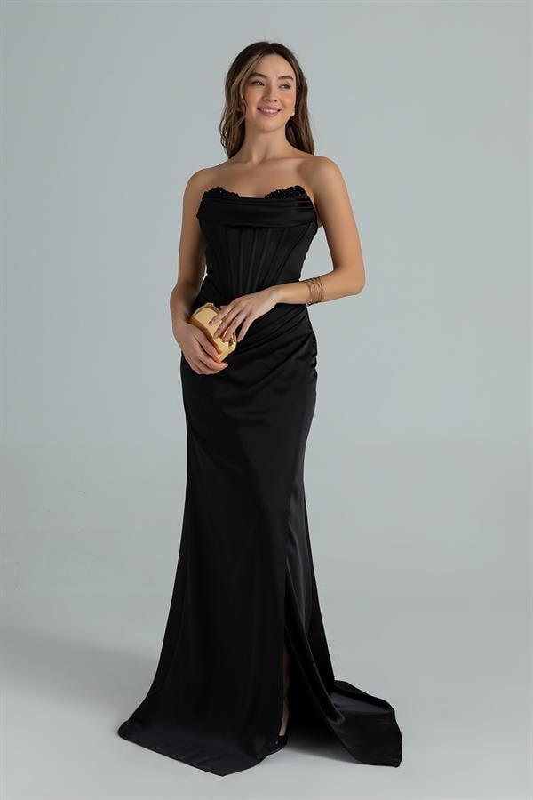 Göğüs İşlemeli Balenli Abiye - SİYAH