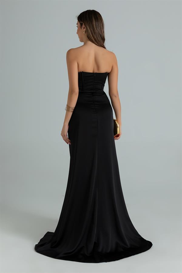 Göğüs İşlemeli Balenli Abiye - SİYAH