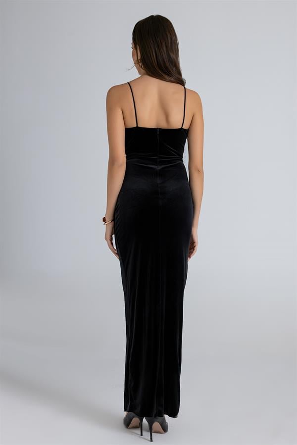 Göğüs İşlemeli Kadife Abiye - SİYAH