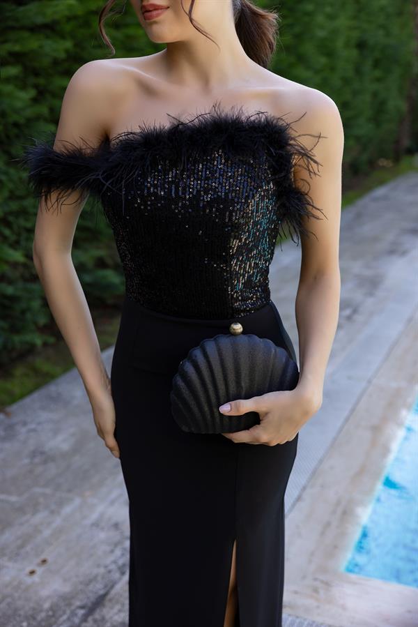 Göğüs Payetli Yırtmaçlı Abiye - SİYAH