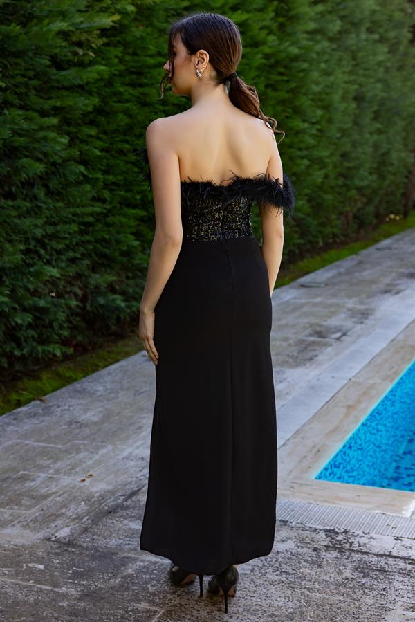 Göğüs Payetli Yırtmaçlı Abiye - SİYAH