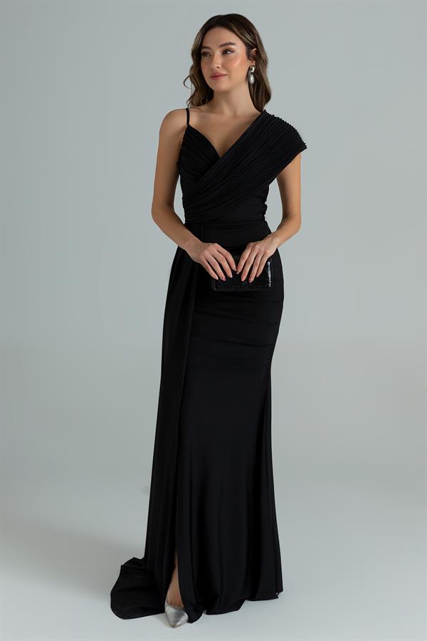 Göğüs Piliseli Omuz Detay Abiye - SİYAH