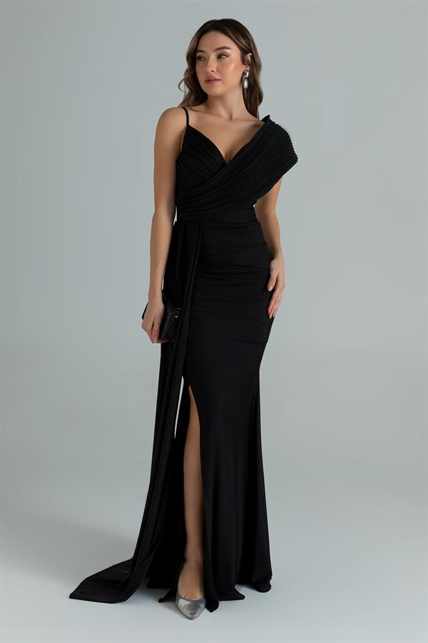 Göğüs Piliseli Omuz Detay Abiye - SİYAH