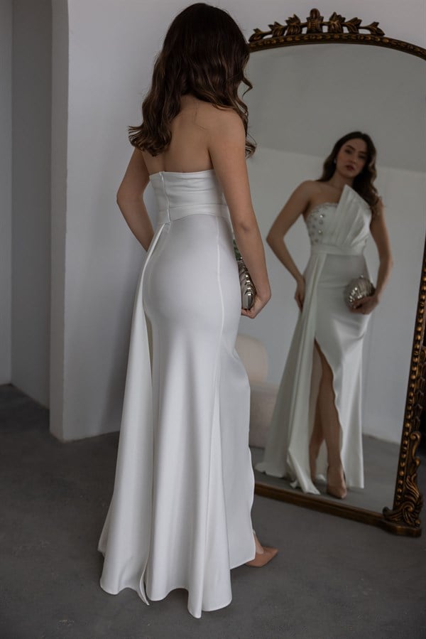 Göğüs Taş İşlemeli Abiye - BEYAZ