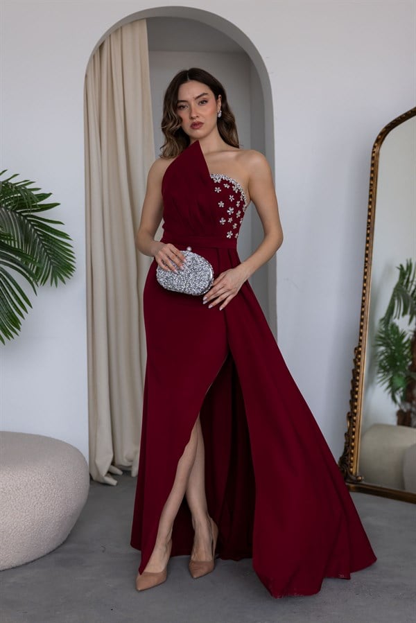 Göğüs Taş İşlemeli Abiye - BORDO