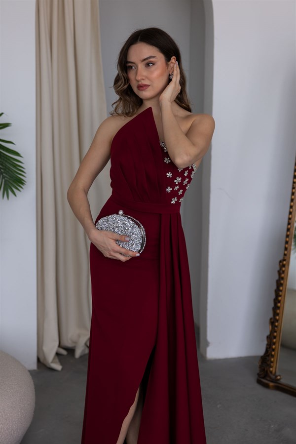 Göğüs Taş İşlemeli Abiye - BORDO