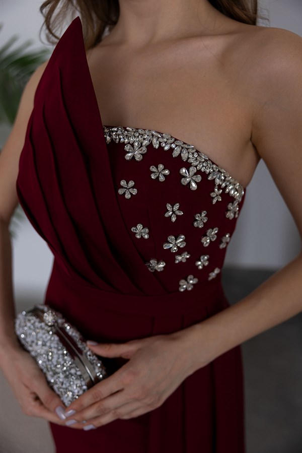 Göğüs Taş İşlemeli Abiye - BORDO