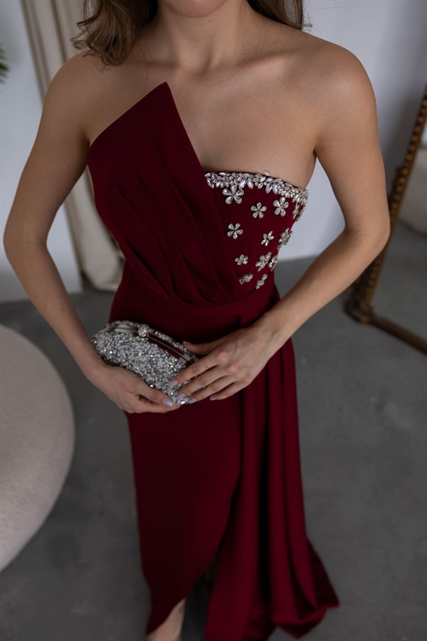 Göğüs Taş İşlemeli Abiye - BORDO