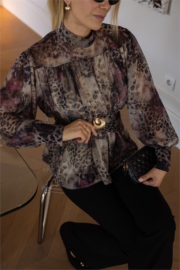 Gold Broş Desenli Şifon Bluz - VİZON