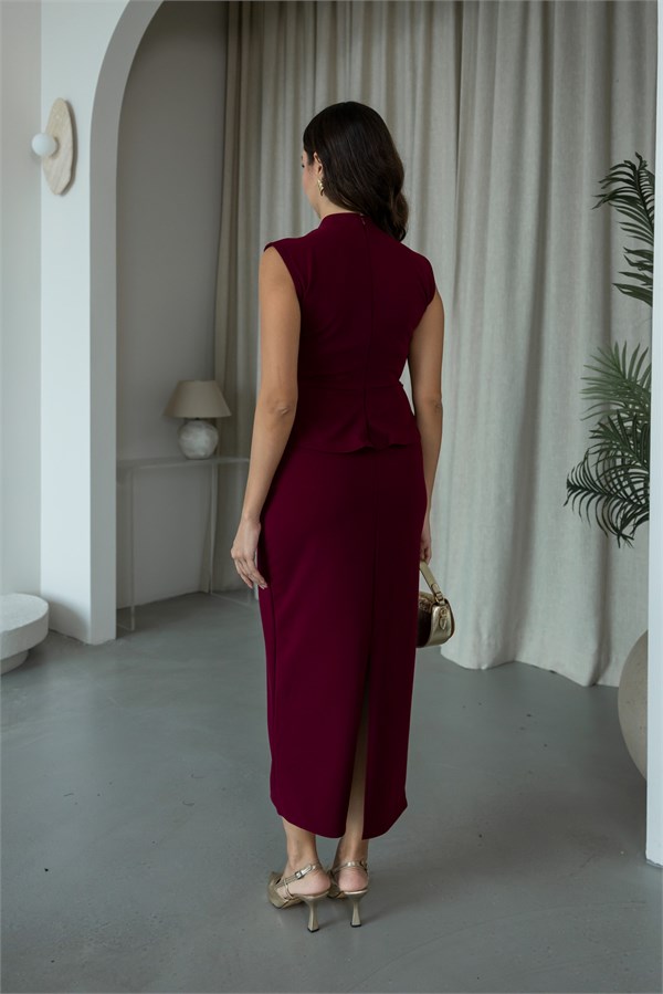 Gold Düğme Detaylı Peplum Elbise - BORDO
