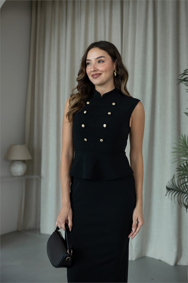 Gold Düğme Detaylı Peplum Elbise - SİYAH