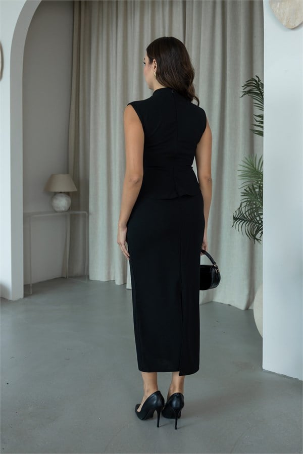 Gold Düğme Detaylı Peplum Elbise - SİYAH