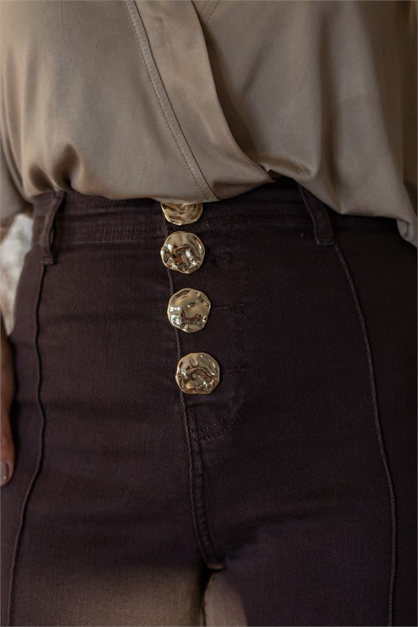 Gold Düğme Dikiş Detaylı Pantolon - KAHVERENGİ
