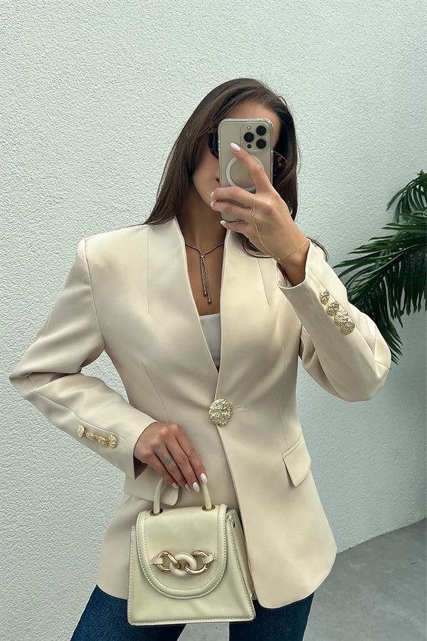 Gold Düğmeli Blazer Ceket - KREM