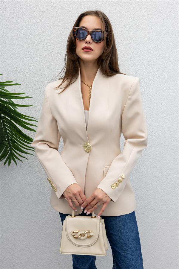 Gold Düğmeli Blazer Ceket - KREM