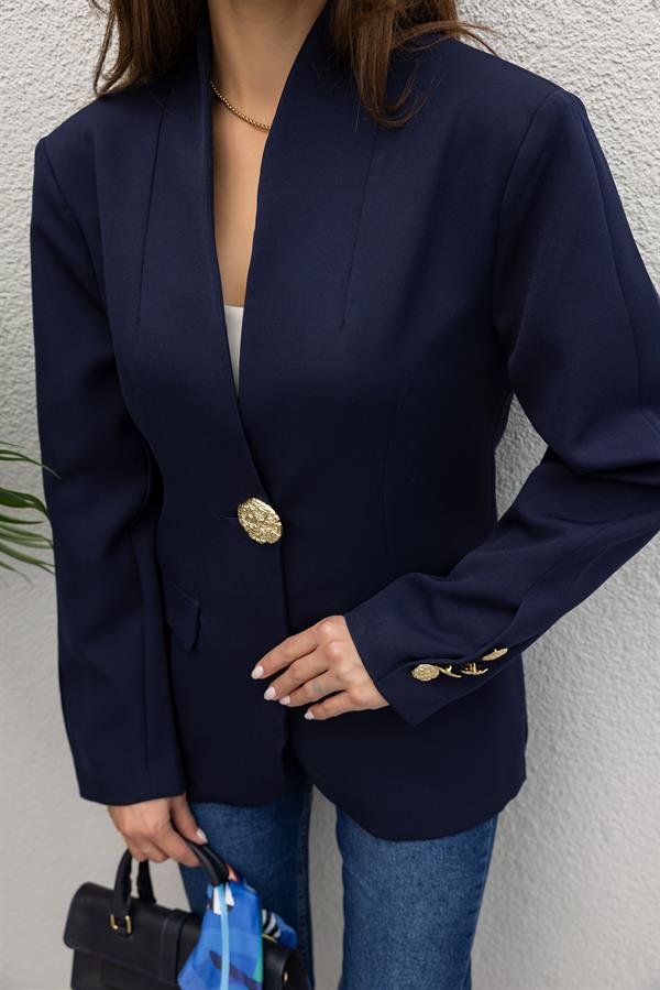 Gold Düğmeli Blazer Ceket - LACİVERT
