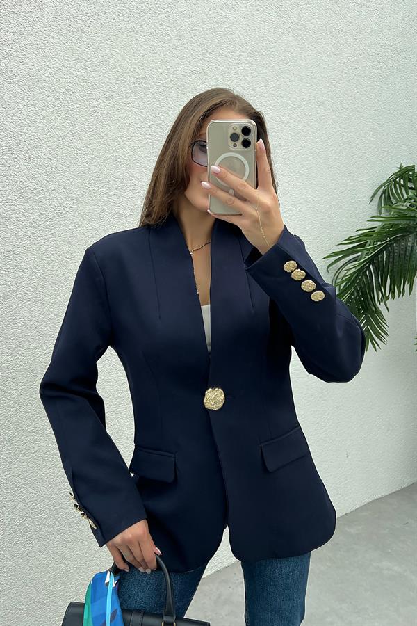 Gold Düğmeli Blazer Ceket - LACİVERT