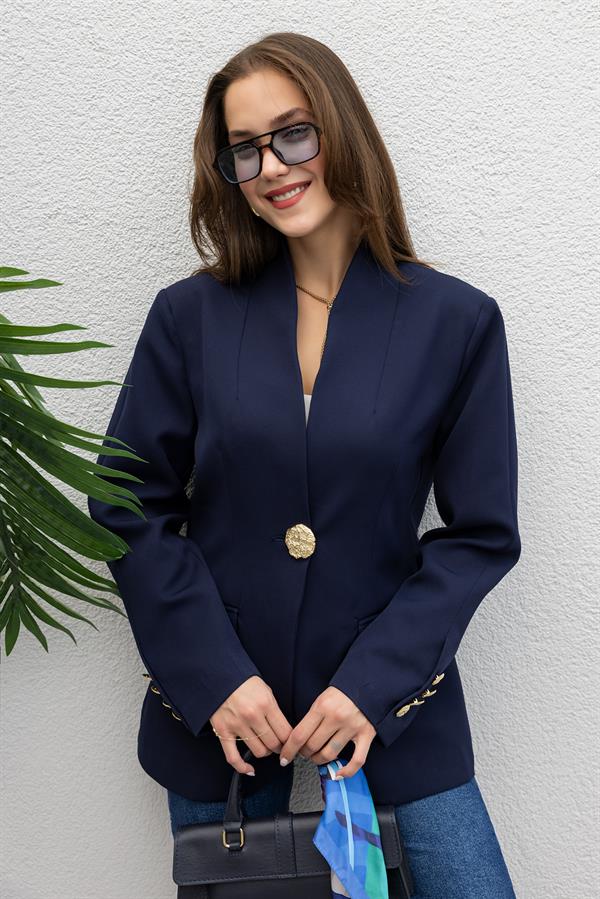 Gold Düğmeli Blazer Ceket - LACİVERT