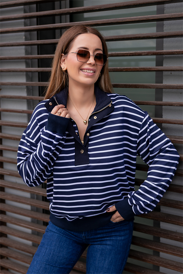 Gold Düğmeli Çizgili Sweat - LACİVERT
