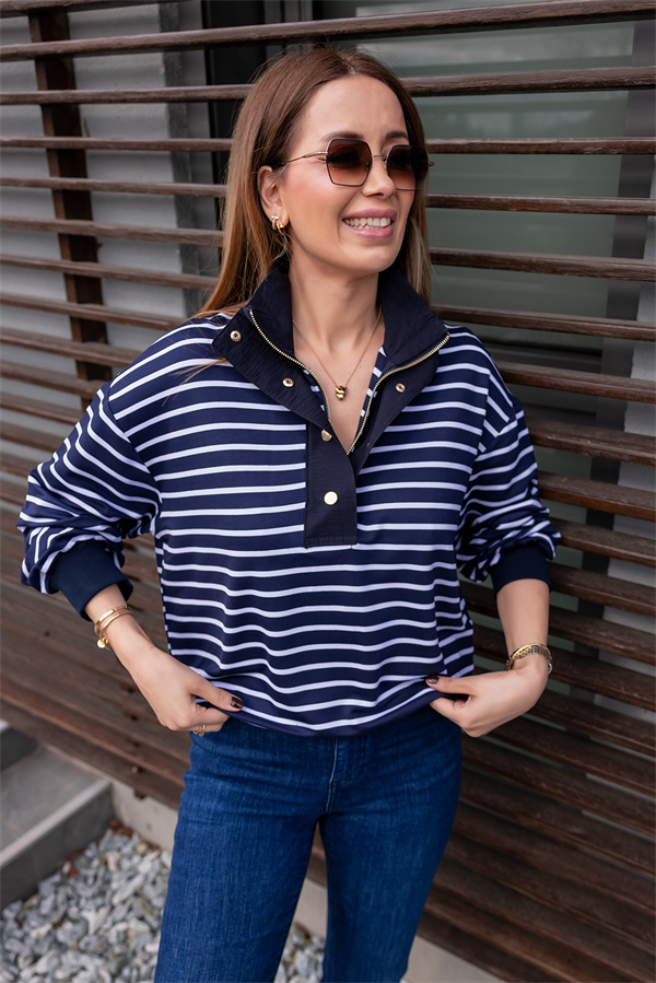 Gold Düğmeli Çizgili Sweat - LACİVERT