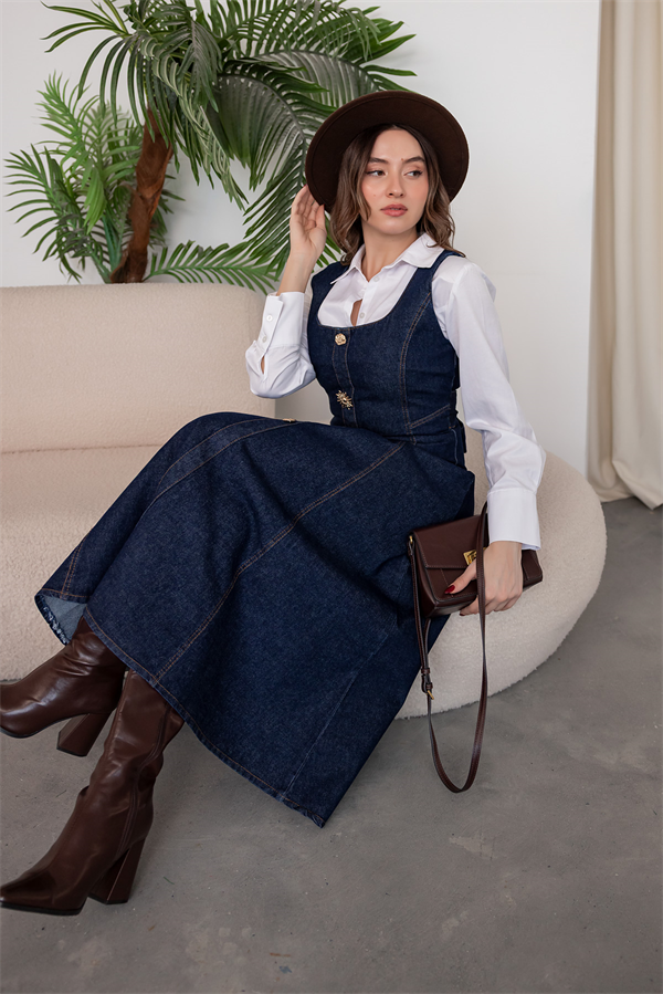 Gold Düğmeli Denim Çan Elbise - LACİVERT