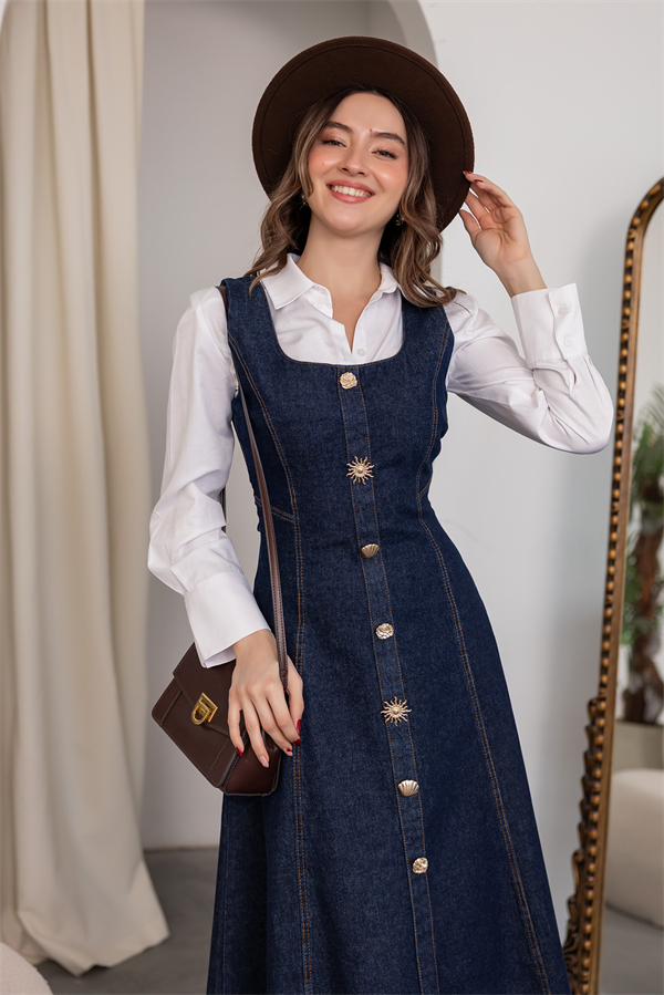 Gold Düğmeli Denim Çan Elbise - LACİVERT