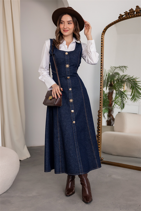 Gold Düğmeli Denim Çan Elbise - LACİVERT