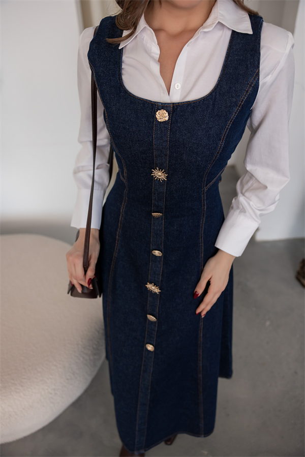 Gold Düğmeli Denim Çan Elbise - LACİVERT