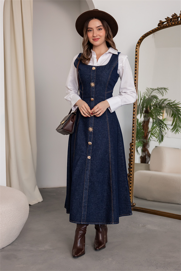 Gold Düğmeli Denim Çan Elbise - LACİVERT