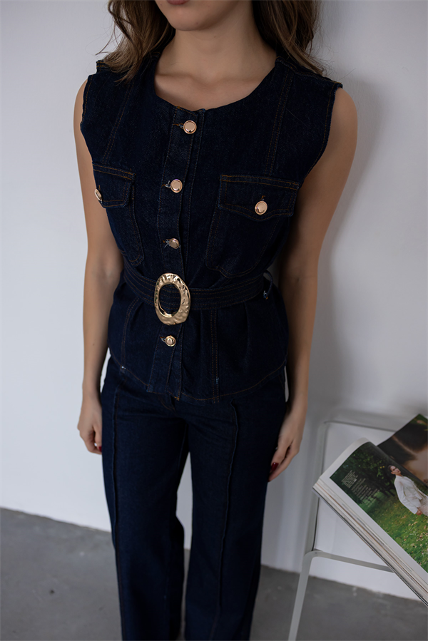 Gold Düğmeli Denim Takım - LACİVERT