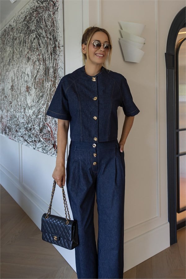 Gold Düğmeli  Denim Takım - LACİVERT